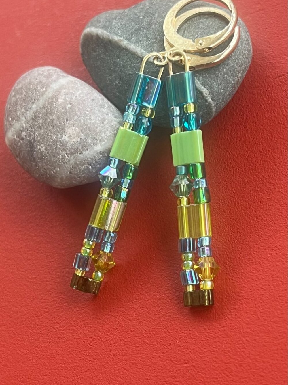 Aqua Blue and Fresh Green Tila Beaded Earrings | Crystal Dangle | Geometric Boho